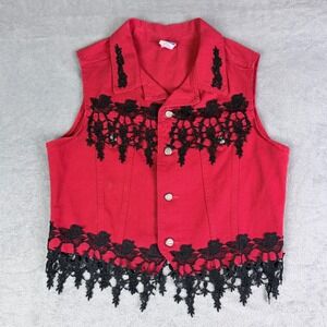 Watch L.A. Vintage Red Denim Lace Vest Womens Large Black Crochet Trim Goth USA
